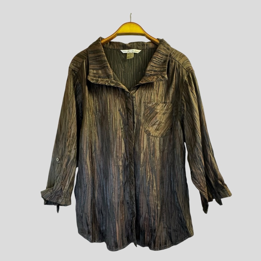 Peter Nygard Women’s Blouse Size 12P Black Brown Long Sleeves  Collared